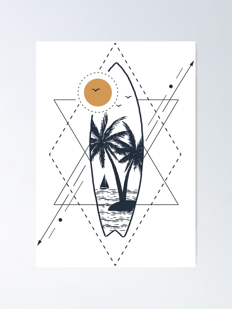 Island With Palms In Surfboard Shape Geometric Line Art Style Poster By Cosmicstore Redbubble