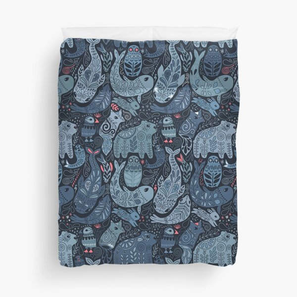 Arctic animals. Narwhal, polar bear, whale, puffin, owl, fox, bunny, seal. Duvet Cover