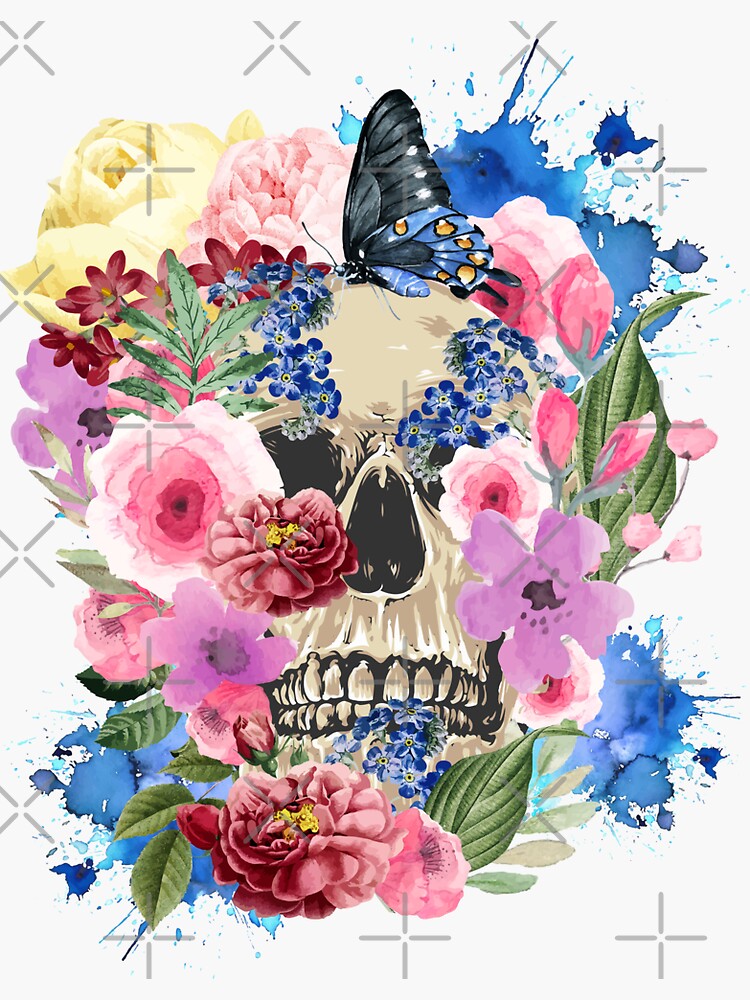 Sticker for Sale avec l'œuvre « Crâne avec des fleurs - Flowery ...