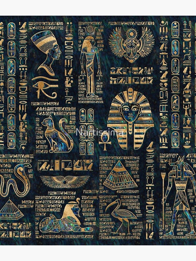 Egyptian hieroglyphs and deities -Abalone and gold by Nartissima