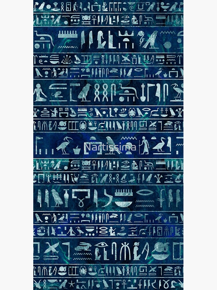 Egyptian hieroglyphs -silver on blue painted texture by Nartissima