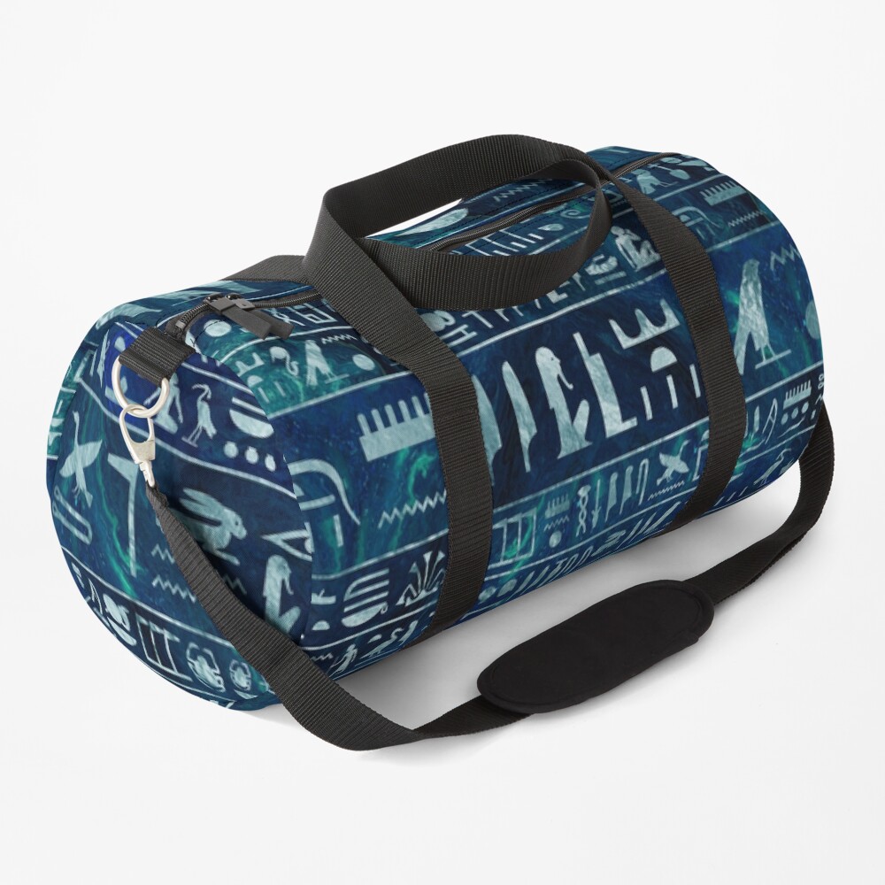 Egyptian hieroglyphs -silver on blue painted texture Duffle Bag