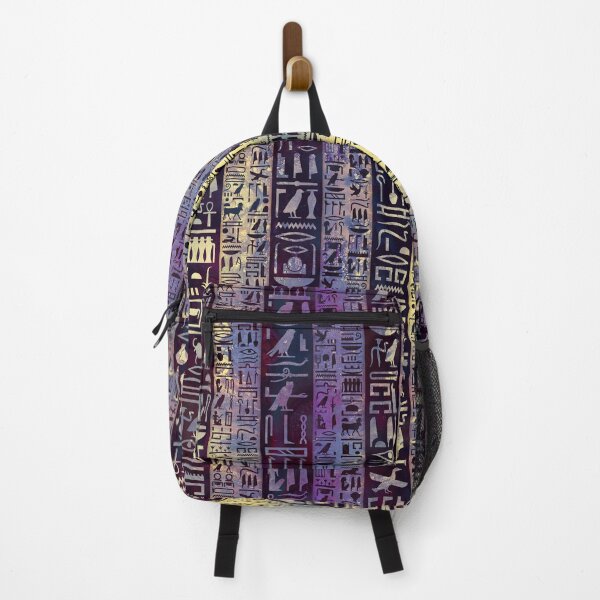Egyptian hieroglyphs on purple violet painted texture Backpack