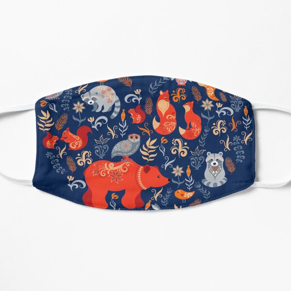 Fairy-tale forest. Fox, bear, raccoon, owls, rabbits, flowers and herbs on a blue background. Flat Mask
