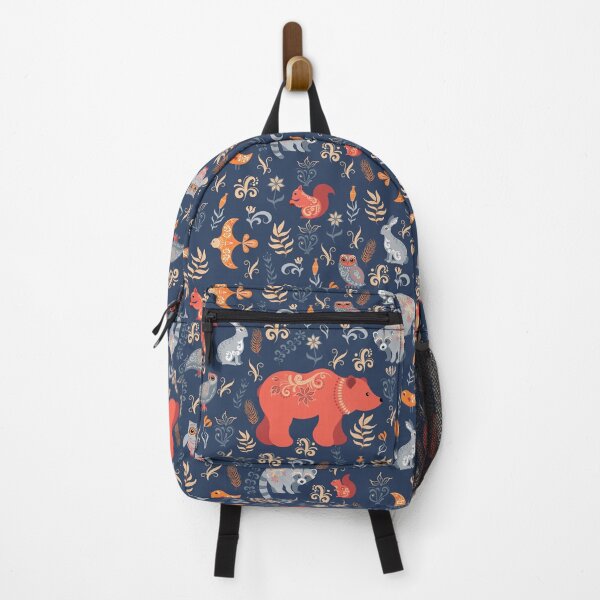 Fairy-tale forest. Fox, bear, raccoon, owls, rabbits, flowers and herbs on a blue background. Backpack