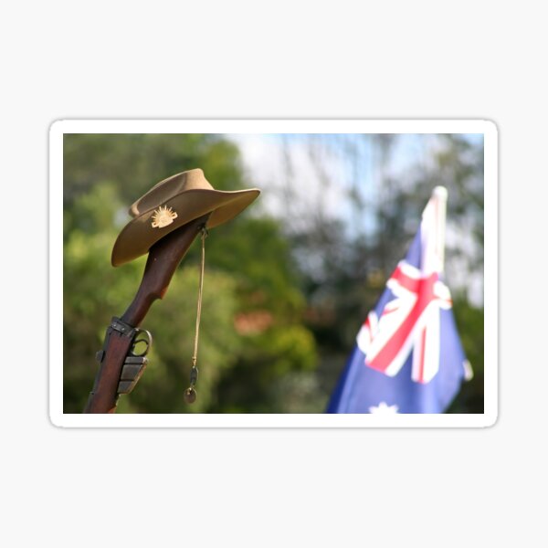 Australian Military slouch hat, dog tags, upturned Lee Enfield 303 rilfe and Australian National Flag on ANZAC Day Sticker