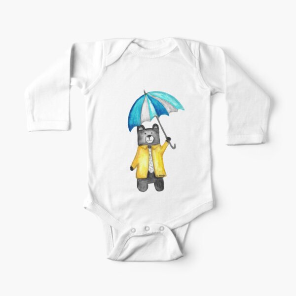 Bear in the Raincoat Watercolour Tatra Cottage Long Sleeve Baby One-Piece
