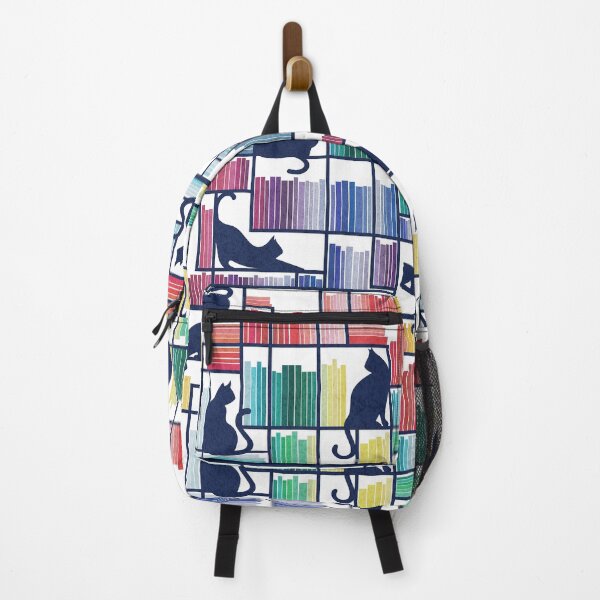 Item preview, Rainbow bookshelf // white background navy blue shelf and library cats designed and sold by SelmaCardoso.