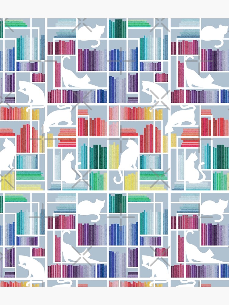 Disover Rainbow bookshelf // pastel blue background white shelf and library cats Backpack