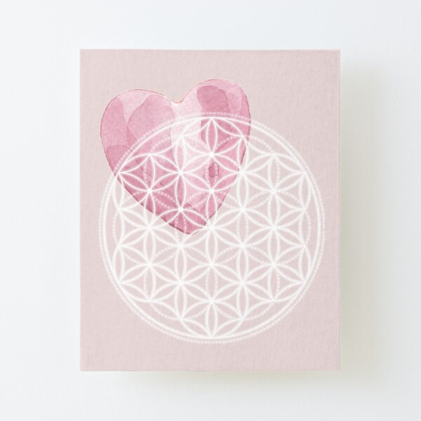 Blume des Lebens mit Aquarell-Herz - Heilige Geometrie Aufgezogener Druck auf Leinwandkarton