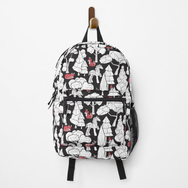 Item preview, Geometric whimsical wonderland // black background white forest with unicorns red foxes gnomes and mushrooms designed and sold by SelmaCardoso.