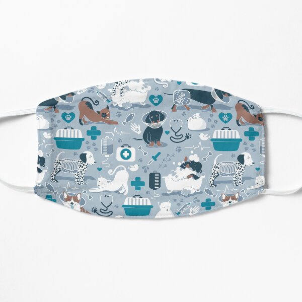 Veterinary medicine, happy and healthy friends // blue background turquoise details navy blue white and brown cats dogs and other animals Flat Mask