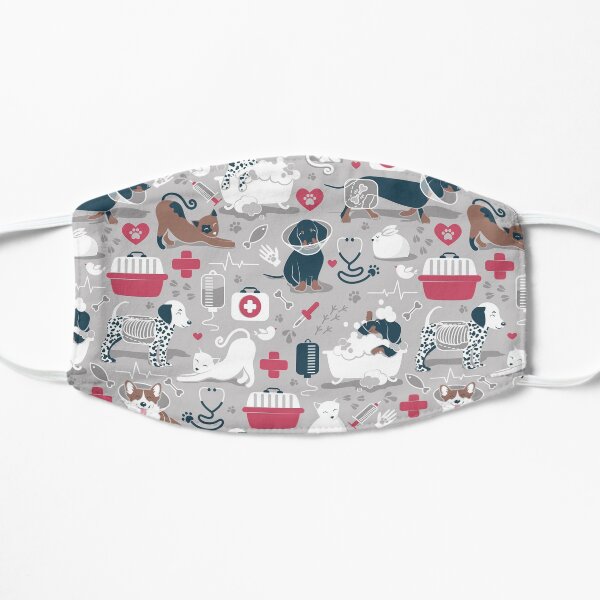 Veterinary medicine, happy and healthy friends // grey background red details navy blue white and brown cats dogs and other animals Flat Mask