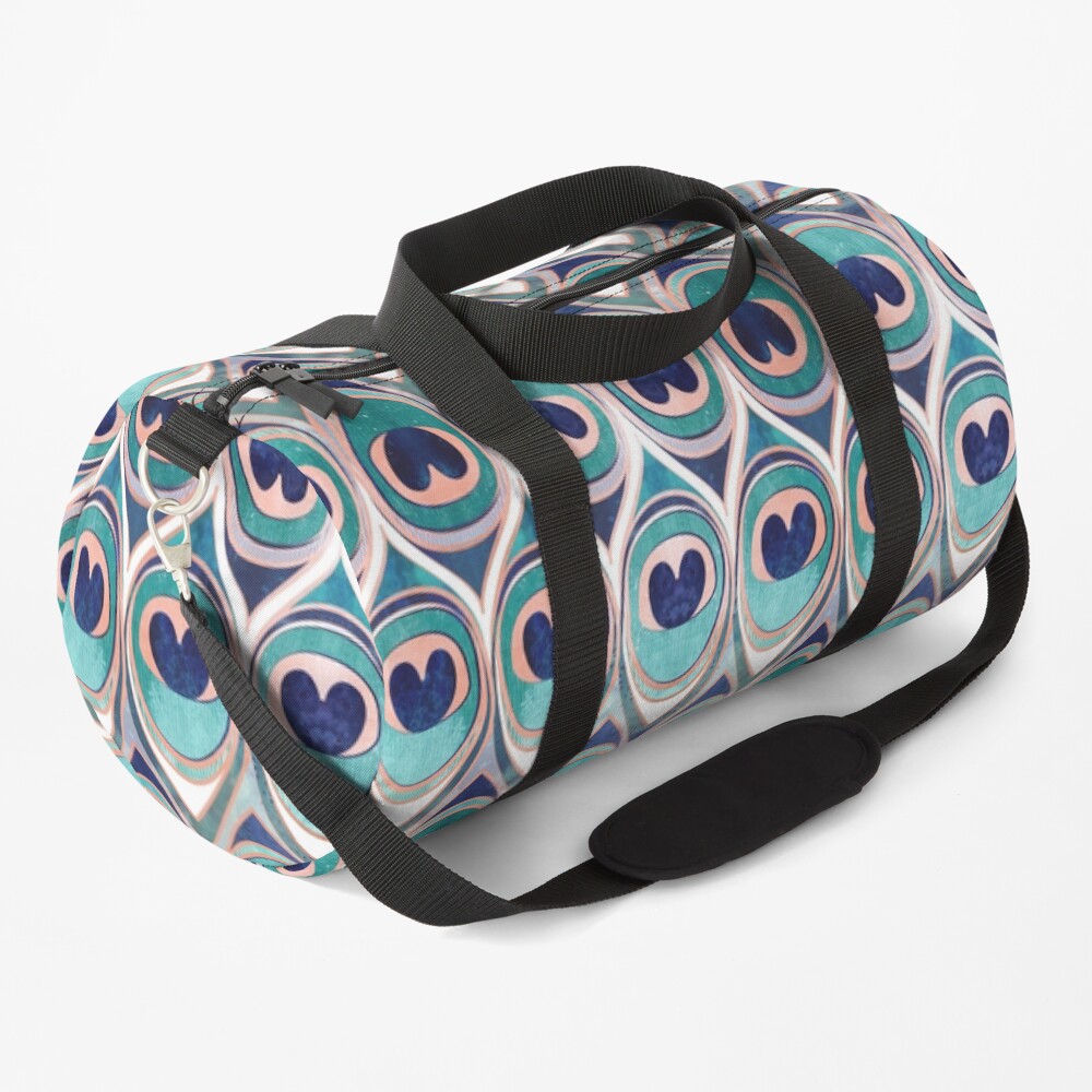Peacock Feathers Eye // teal blue and metal coral rose Duffle Bag