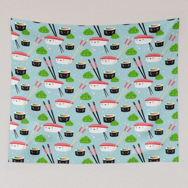Item preview, Children’s room illustration in Japanese Kawaiian style with nigiri sushi, maki and wasabi designed and sold by Pia Kolle.