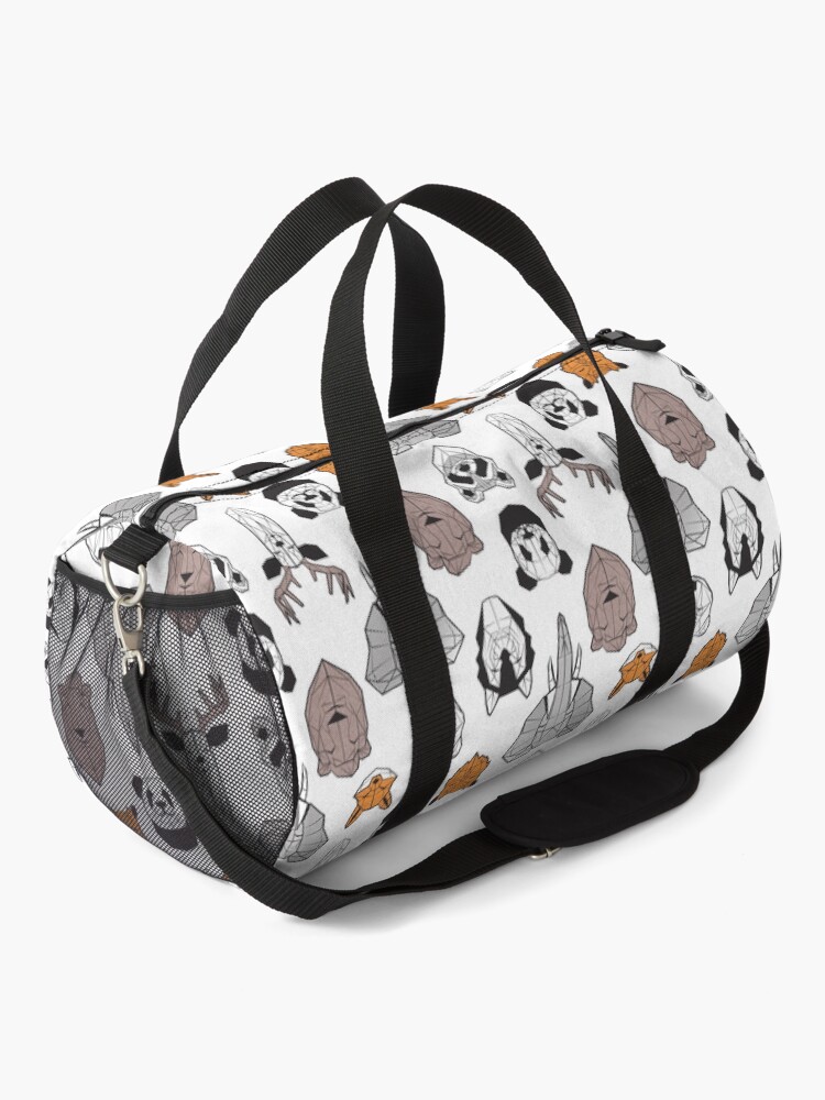 Alternate view of Friendly geometric animals // white background black and white orange grey and taupe brown animals Duffle Bag