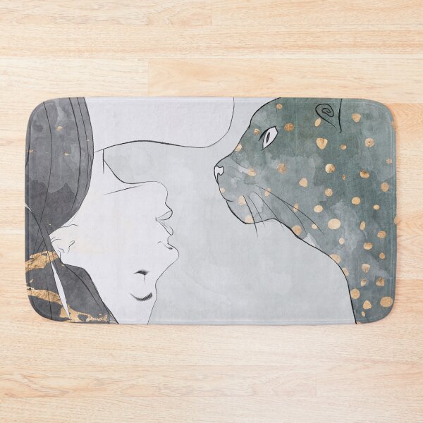 Item preview, Woman Cat Kitten Drawing Pet Girl Art Dreamy Grey Gold Splatter designed and sold by livianasgifts.
