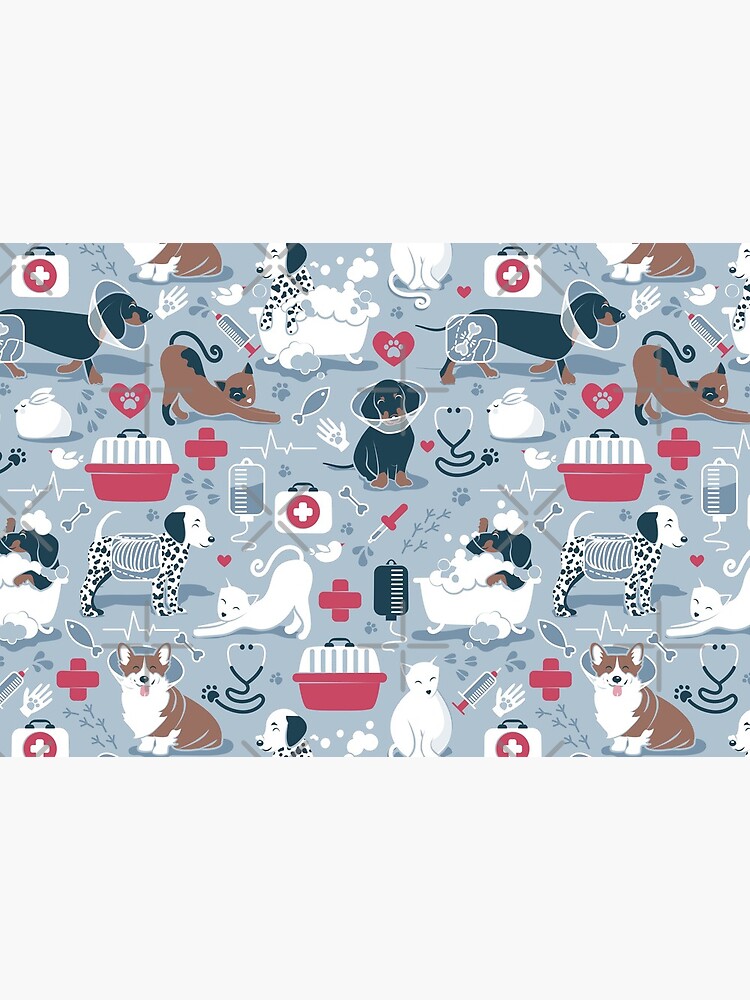 Veterinary medicine, happy and healthy friends // pastel blue background red details navy blue white and brown cats dogs and other animals by SelmaCardoso