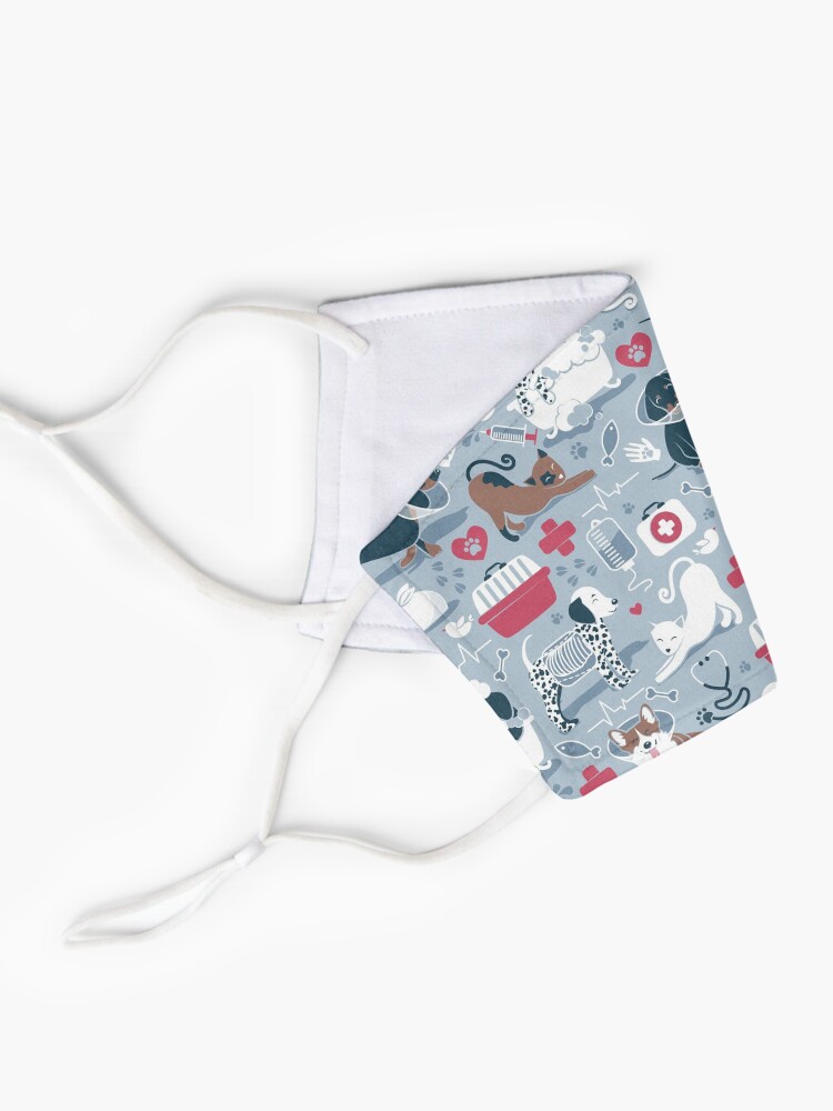 Alternate view of Veterinary medicine, happy and healthy friends // pastel blue background red details navy blue white and brown cats dogs and other animals Mask