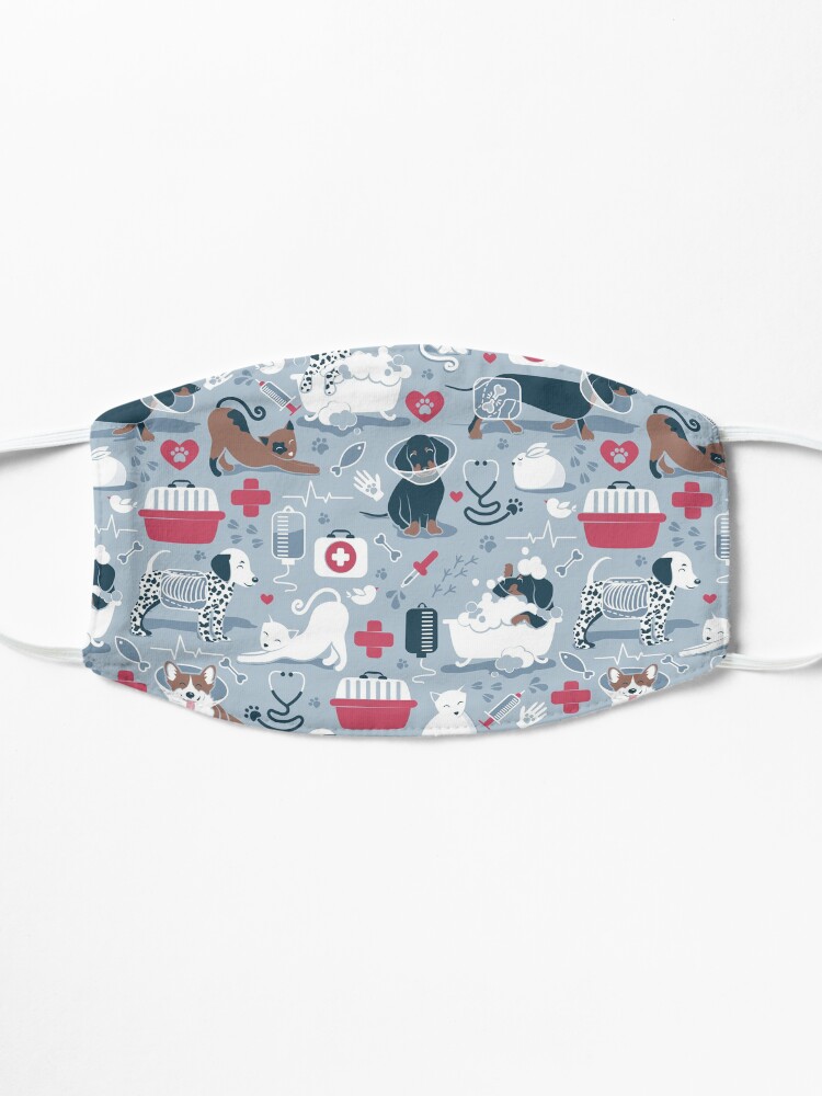 Alternate view of Veterinary medicine, happy and healthy friends // pastel blue background red details navy blue white and brown cats dogs and other animals Mask