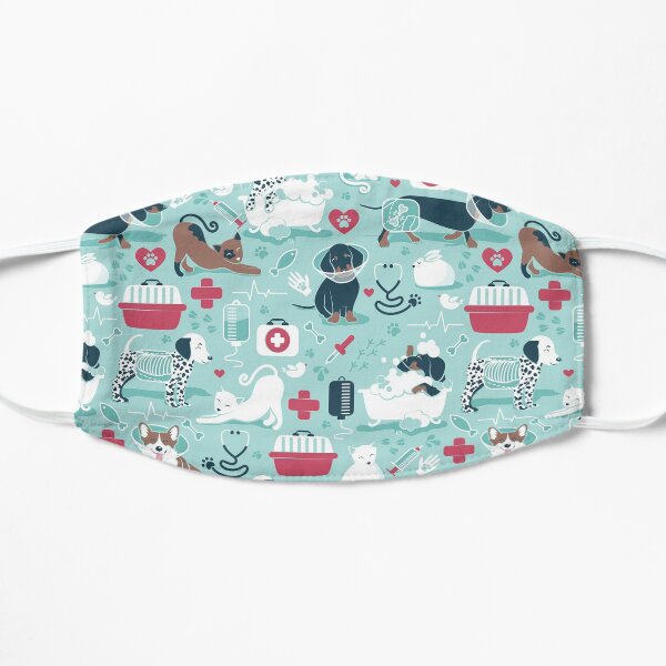 Veterinary medicine, happy and healthy friends // aqua background red details navy blue white and brown cats dogs and other animals Flat Mask