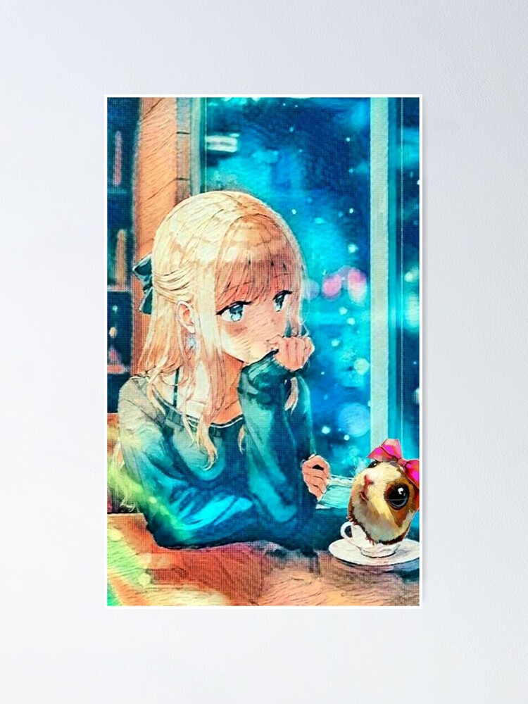 Manga Girl And A Cute Hamster In A Cafe Poster By Coolkatia Redbubble