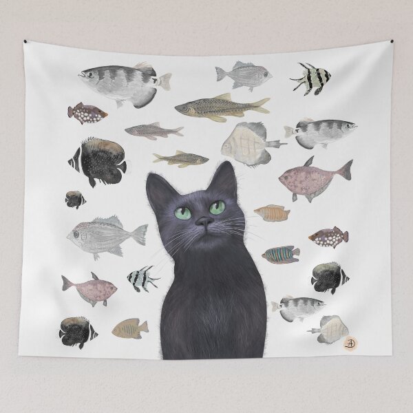 Item preview, Birthday Black Cat and the Party Fish Gift designed and sold by Andreea Dumez.