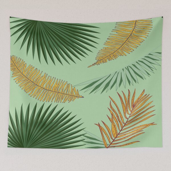 Item preview, Tropical Green and Golden Palm Leaves - Green Background designed and sold by cloudedsunset.