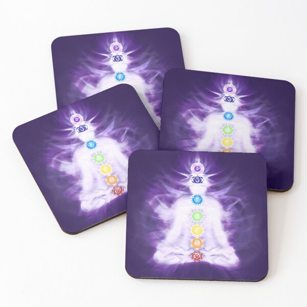 Item preview, Yoga meditation with Chakras symbols and energy flow on human body in purple colors art photo print designed and sold by AwenArtPrints.