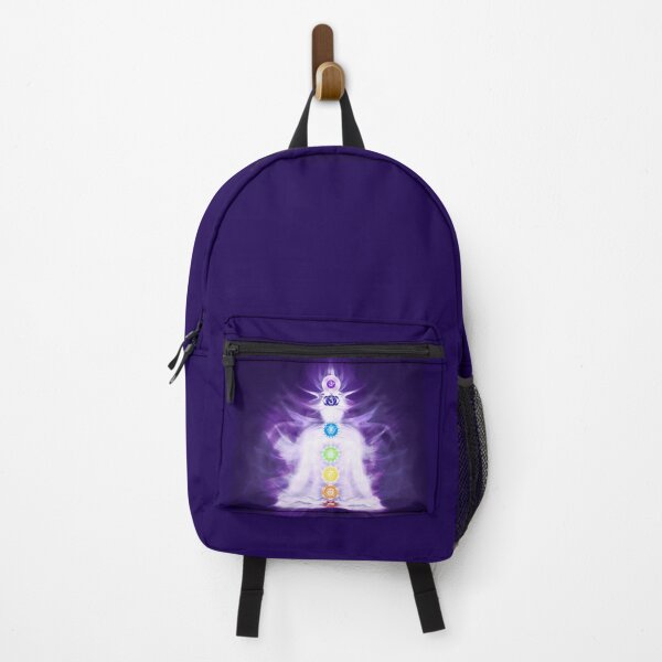 Item preview, Yoga meditation with Chakras symbols and energy flow on human body in purple colors art photo print designed and sold by AwenArtPrints.
