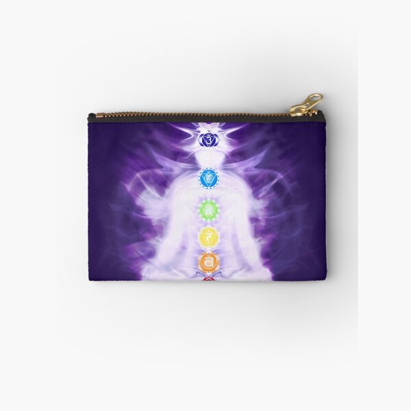 Item preview, Yoga meditation with Chakras symbols and energy flow on human body in purple colors art photo print designed and sold by AwenArtPrints.