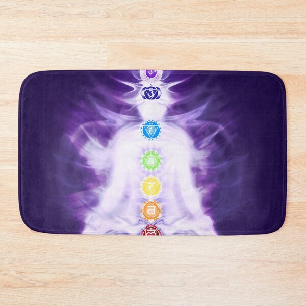 Item preview, Yoga meditation with Chakras symbols and energy flow on human body in purple colors art photo print designed and sold by AwenArtPrints.