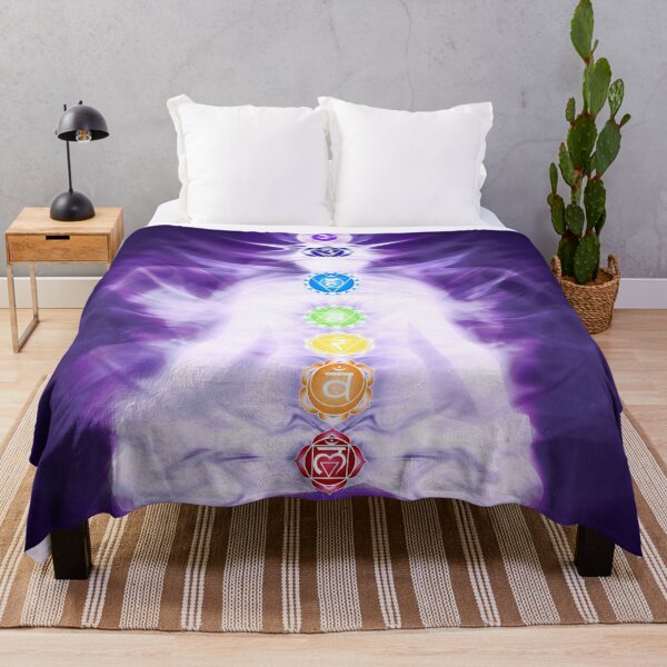 Item preview, Yoga meditation with Chakras symbols and energy flow on human body in purple colors art photo print designed and sold by AwenArtPrints.