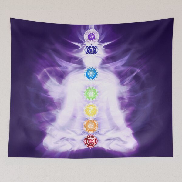 Item preview, Yoga meditation with Chakras symbols and energy flow on human body in purple colors art photo print designed and sold by AwenArtPrints.
