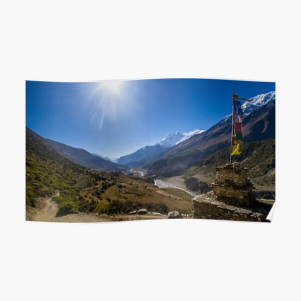 Tibetan Prayer Flags Over a Himalayan Valley Poster