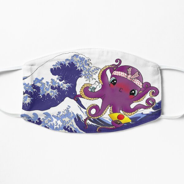Pulpo Borracho Kawaii en la Gran Ola de Kanagawa de Hokusai Mascarilla