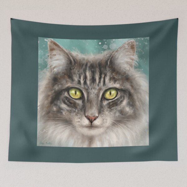 Item preview, Painting of a Grey and White Fluffy Cat with Gorgeous Green Eyes designed and sold by ibadishi.