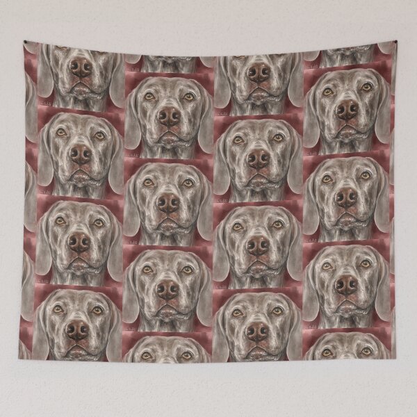 Item preview, Painting of a Grey Brown Weimaraner Dog Looking At You on Red Background designed and sold by ibadishi.