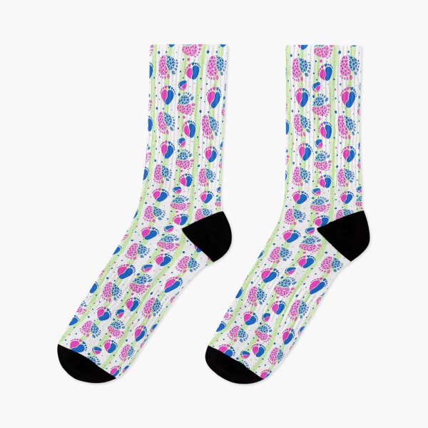 Item preview, Baby Feet and Hearts Seamless Pattern in pink and blue color with light green stripes designed and sold by sashica.