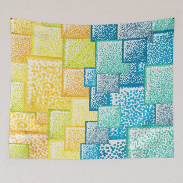 Item preview, Blue and yellow abstract squares pattern pointillism painting designed and sold by MitoP.
