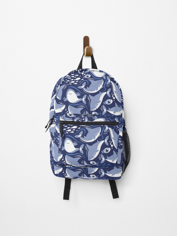 Backpack, Friendly sharks // navy blue background pale blue fishes  designed and sold by SelmaCardoso