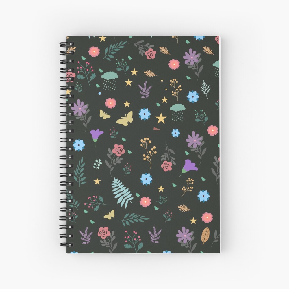 Midnight Blue Blossoming Floral Pattern Spiral Notebook