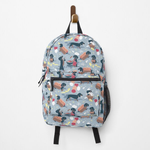 Hot dogs and lemonade // pastel blue background navy and brown dachshunds Backpack
