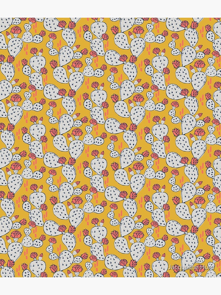 Coral Flowering Cactus on Mustard Yellow by JMHurd