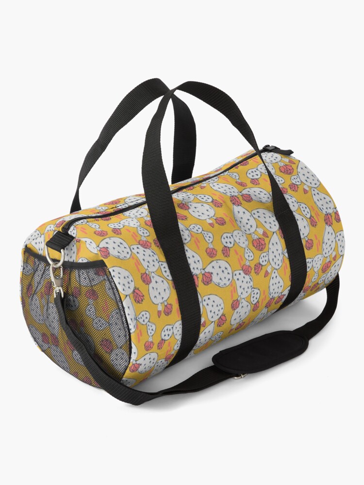 Alternate view of Coral Flowering Cactus on Mustard Yellow Duffle Bag