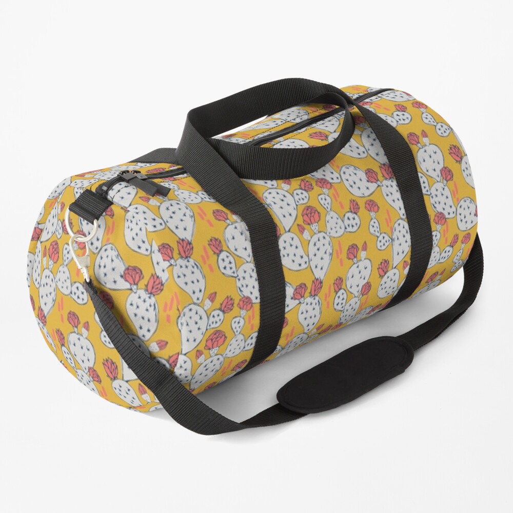 Coral Flowering Cactus on Mustard Yellow Duffle Bag