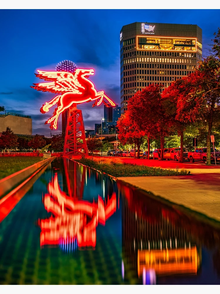 Red Flying Pegasus Texas Print, Dallas Neon Sign Art, Selective Color, Square Art, Landmark, shops Iconic, Cityscape, Skyline, Lone Star State