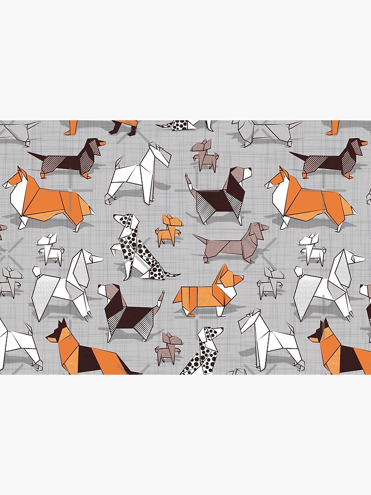 Origami doggie friends // grey linen texture background by SelmaCardoso