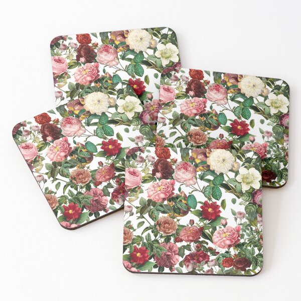 Item preview, Red and pink heirloom rose pattern on white designed and sold by Ivy & Foxglove Designs.