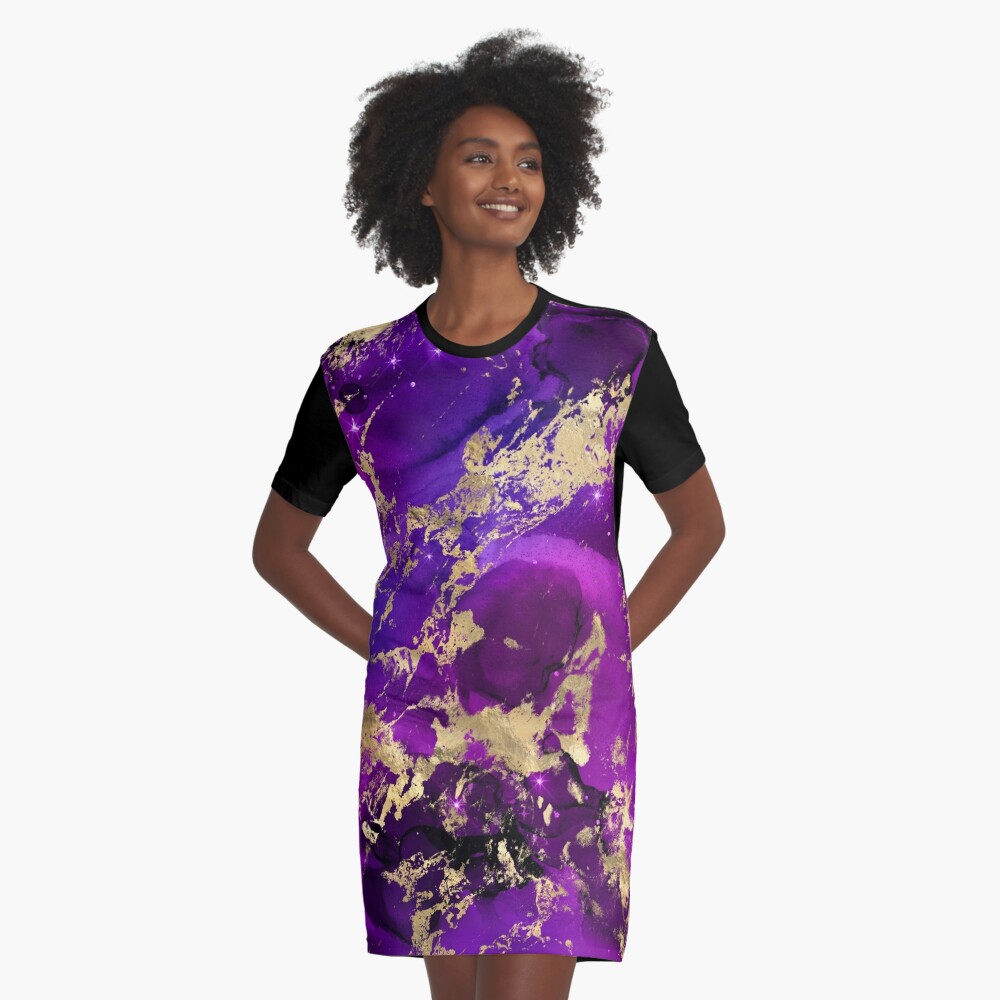 Marble Galaxy in Royal Purple and Gold Splash Graphic T-Shirt Dress